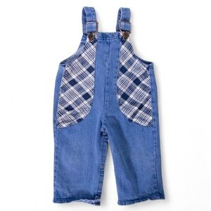 Vintage 70’s Baby Denim Overalls 12 Months Plaid Patchwork Cotton Retro Infant
